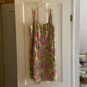 Banana Republic silk, empire waist, green and pink dress with side zip. Size 10.